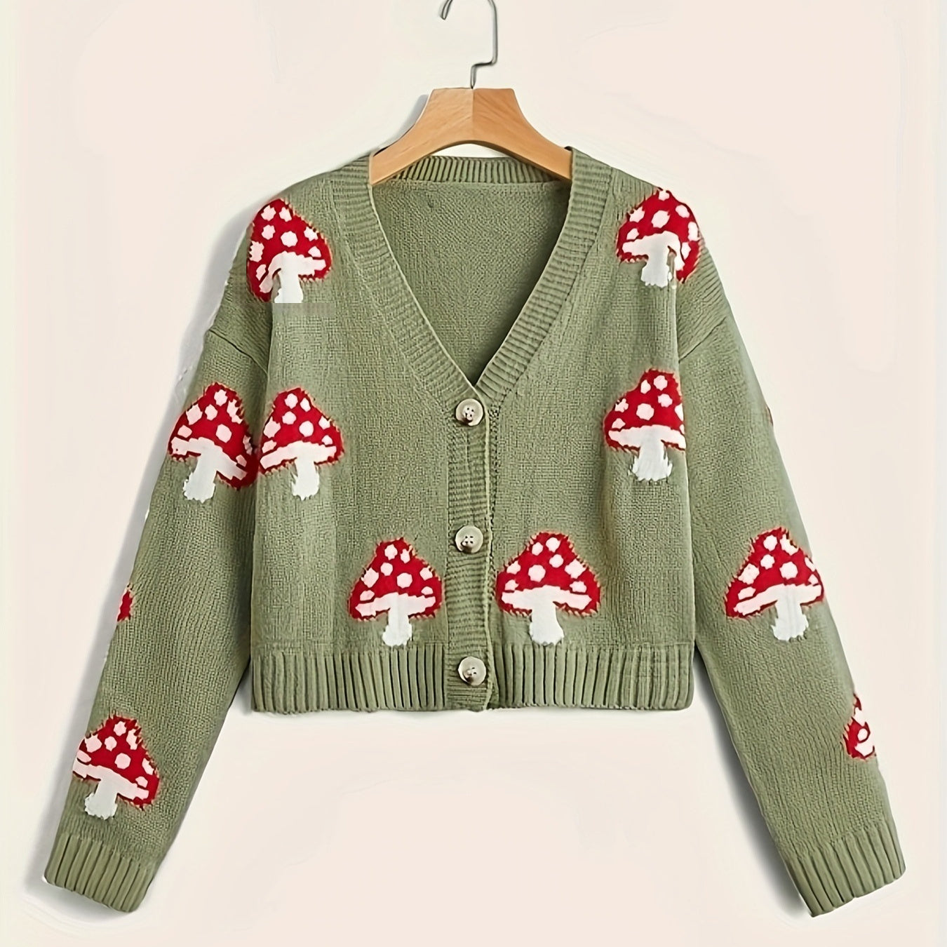 Cute Mushroom Button Knitted | Embroidered Cardigan