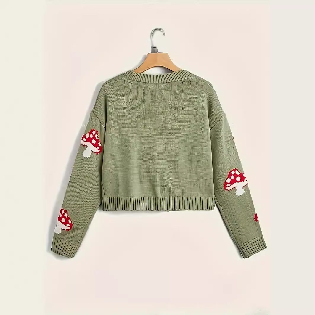 Cute Mushroom Button Knitted | Embroidered Cardigan