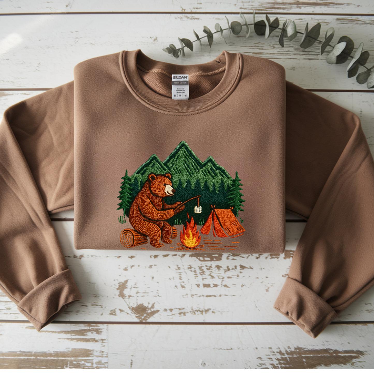 Embroidered Crew Neck Sweatshirt – Camping Bear | Campfire Design | Adventure Nature Lover Gift | Outdoor Hiking Apparel Embroidery