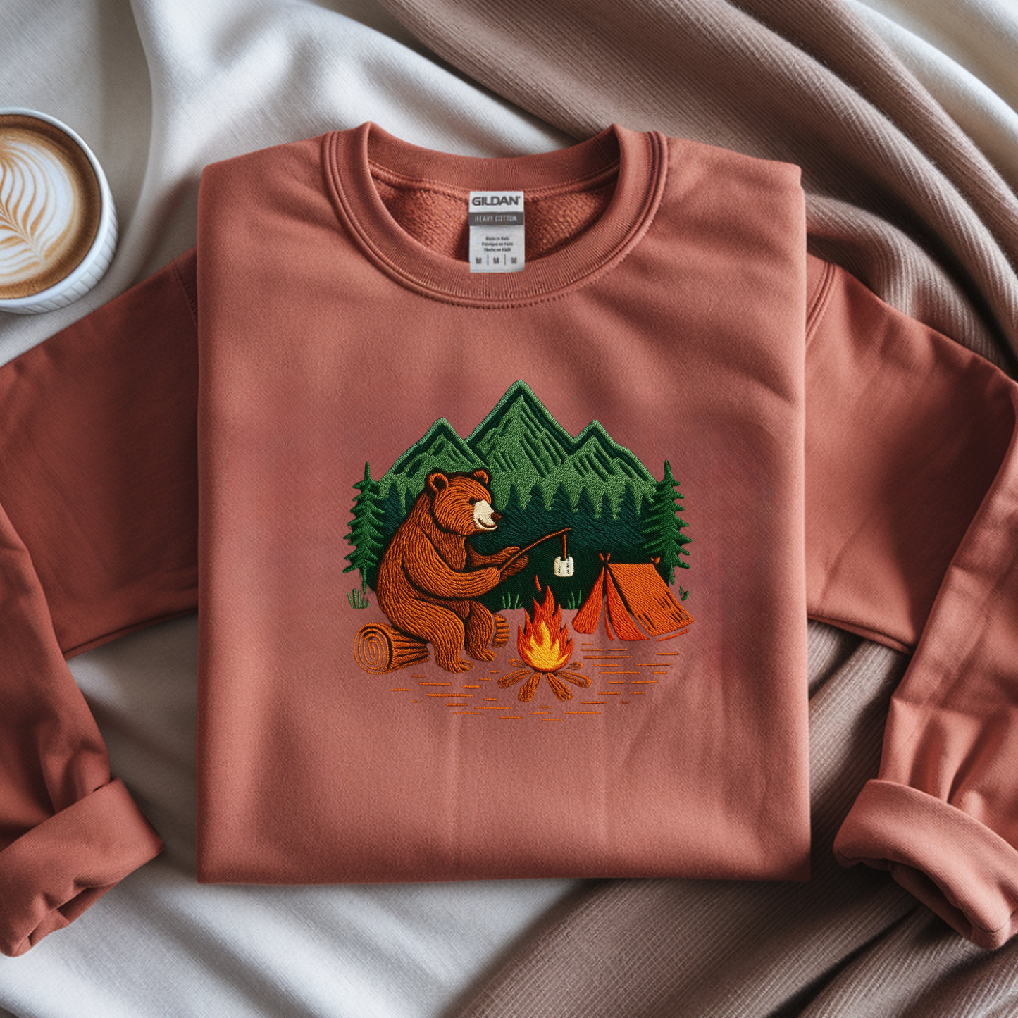 Embroidered Crew Neck Sweatshirt – Camping Bear | Campfire Design | Adventure Nature Lover Gift | Outdoor Hiking Apparel Embroidery