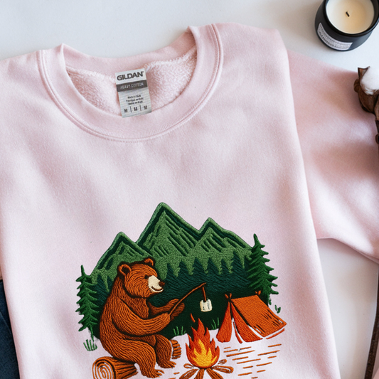 Embroidered Crew Neck Sweatshirt – Camping Bear | Campfire Design | Adventure Nature Lover Gift | Outdoor Hiking Apparel Embroidery