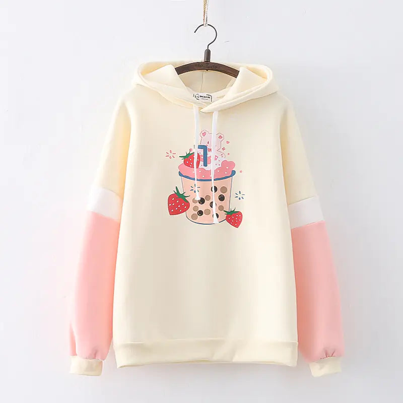 Kawaii Strawberry Boba Bear Hoodie for Women - Cute Anime Pullover