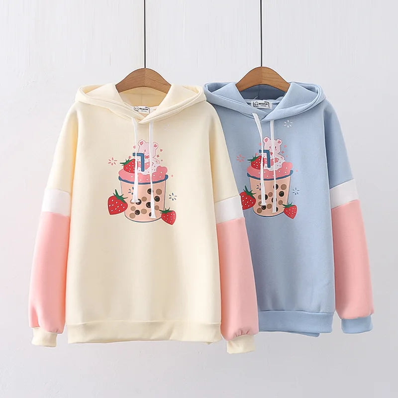 Kawaii Strawberry Boba Bear Hoodie for Women - Cute Anime Pullover
