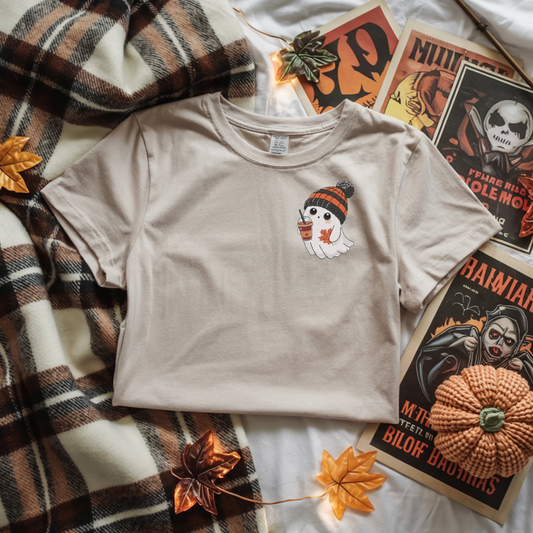 Embroidered Coffee Lover Halloween Ghost T-Shirt – Cute Spooky Design