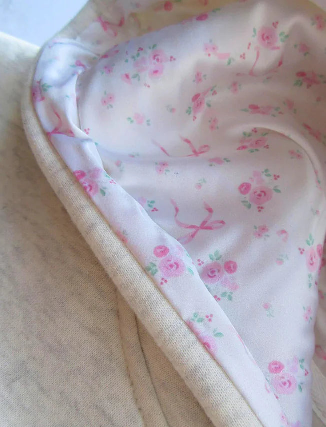 Pink Bow Hoodie, Silk floral inner lined hood