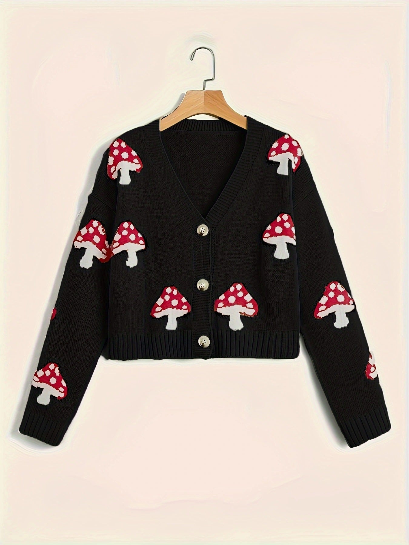 Cute Mushroom Button Knitted | Embroidered Cardigan