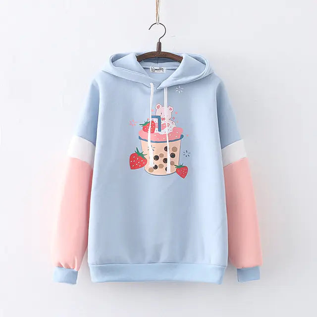 Kawaii Strawberry Boba Bear Hoodie for Women - Cute Anime Pullover
