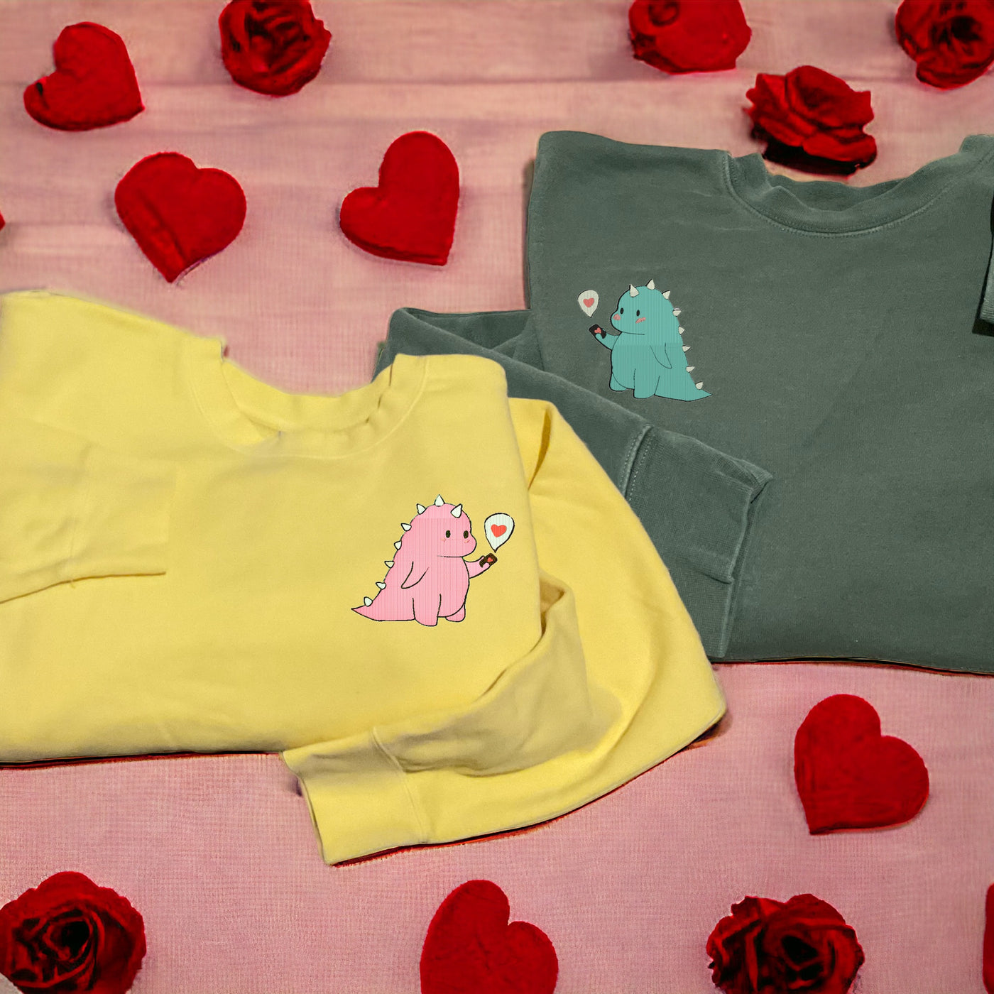 Kawaii Couples Embroidered Dino Crews