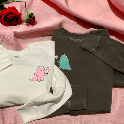 Kawaii Couples Embroidered Dino Crews