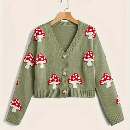 Cute Mushroom Button Knitted | Embroidered Cardigan