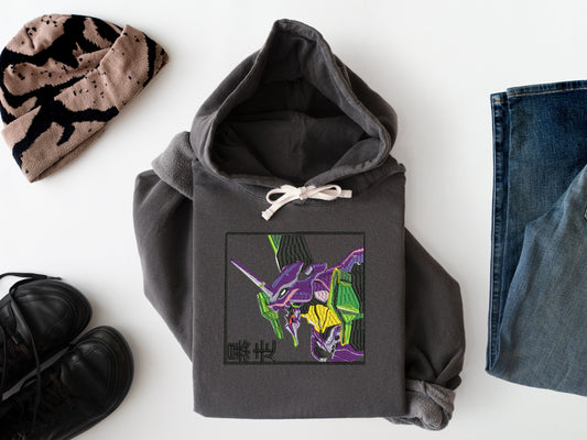 Embroidered Purple Mecha Hoodie – Anime Inspired Streetwear Sweatshirt
