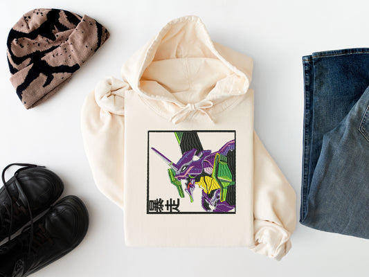 Embroidered Purple Mecha Hoodie – Anime Inspired Streetwear Sweatshirt