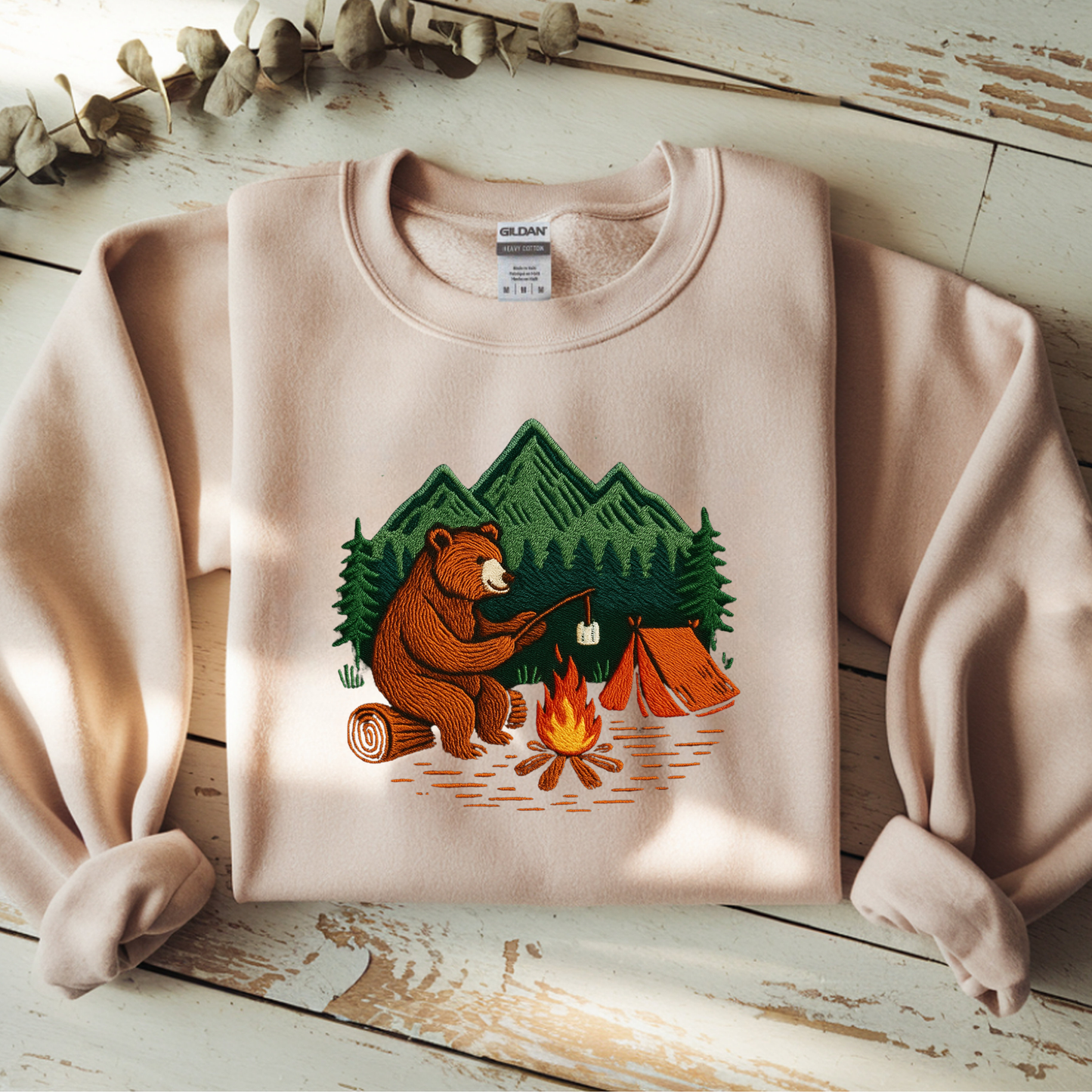 Embroidered Crew Neck Sweatshirt – Camping Bear | Campfire Design | Adventure Nature Lover Gift | Outdoor Hiking Apparel Embroidery