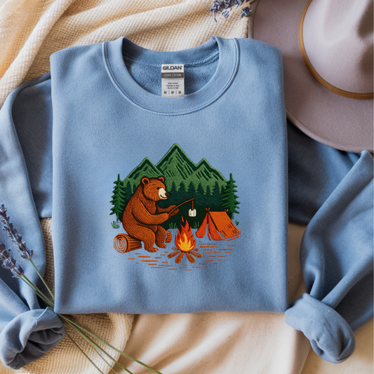 Embroidered Crew Neck Sweatshirt – Camping Bear | Campfire Design | Adventure Nature Lover Gift | Outdoor Hiking Apparel Embroidery