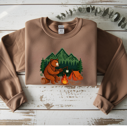 Embroidered Crew Neck Sweatshirt – Camping Bear | Campfire Design | Adventure Nature Lover Gift | Outdoor Hiking Apparel Embroidery