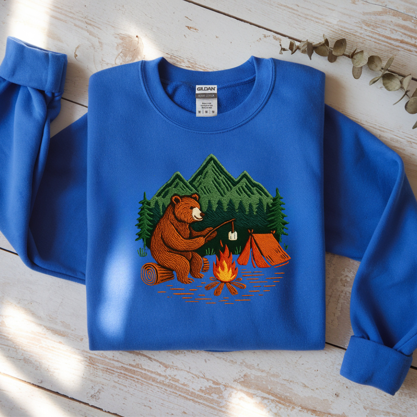 Embroidered Crew Neck Sweatshirt – Camping Bear | Campfire Design | Adventure Nature Lover Gift | Outdoor Hiking Apparel Embroidery