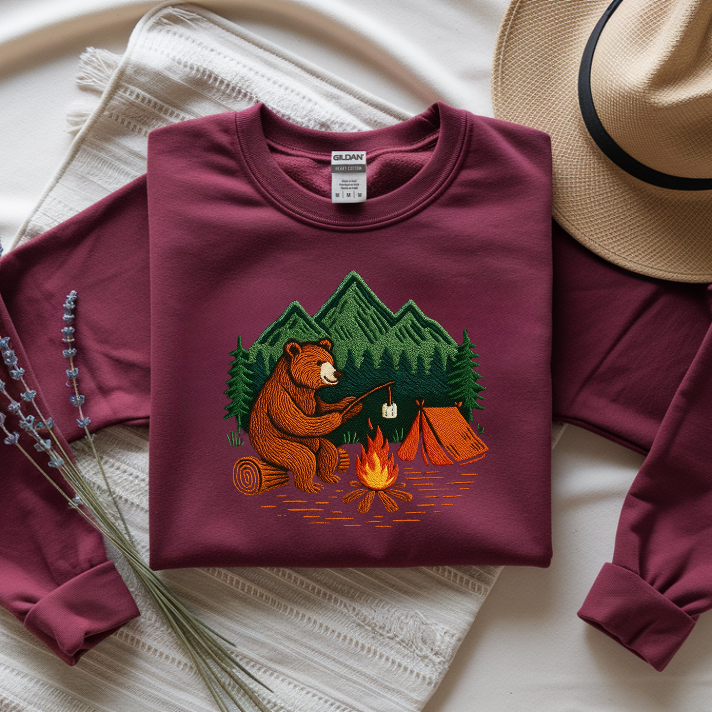 Embroidered Crew Neck Sweatshirt – Camping Bear | Campfire Design | Adventure Nature Lover Gift | Outdoor Hiking Apparel Embroidery