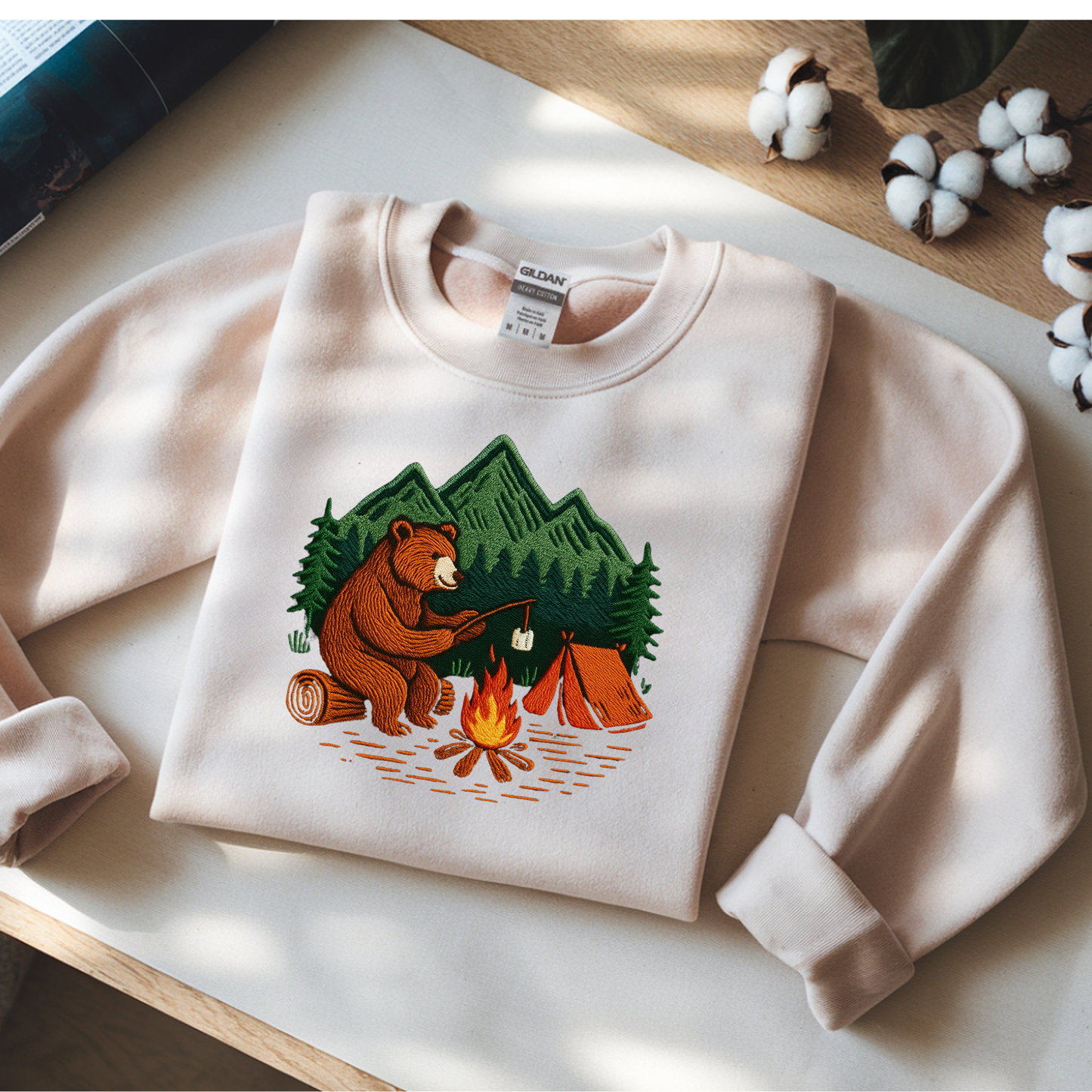 Embroidered Crew Neck Sweatshirt – Camping Bear | Campfire Design | Adventure Nature Lover Gift | Outdoor Hiking Apparel Embroidery