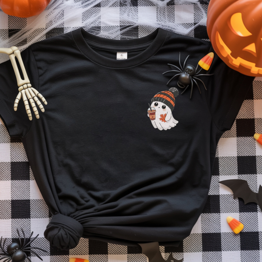 Black t-shirt with a Halloween ghost design with coffee