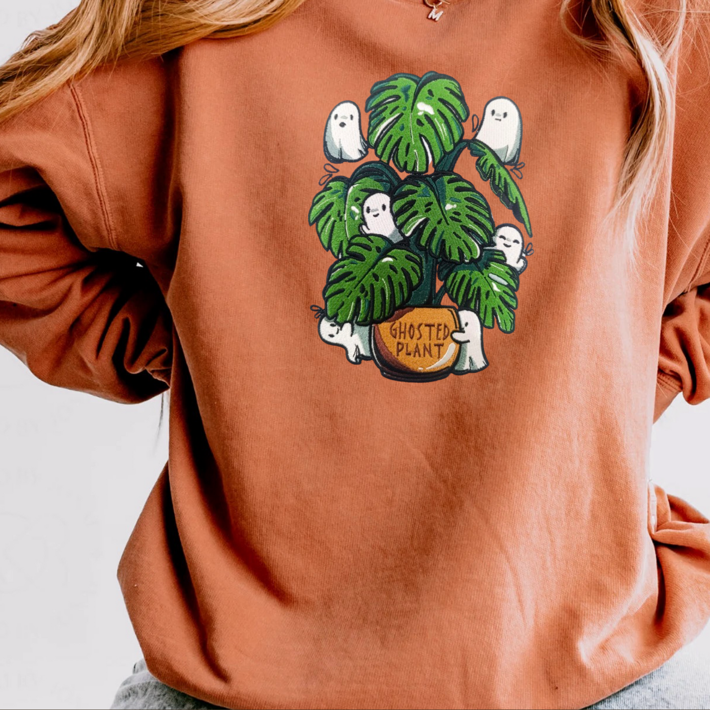 Embroidered Ghosts on Orange Sweatshirt