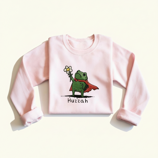 Huzzah Frog Embroidered Sweatshirt – Cottagecore Cozy Frog Lover Gift