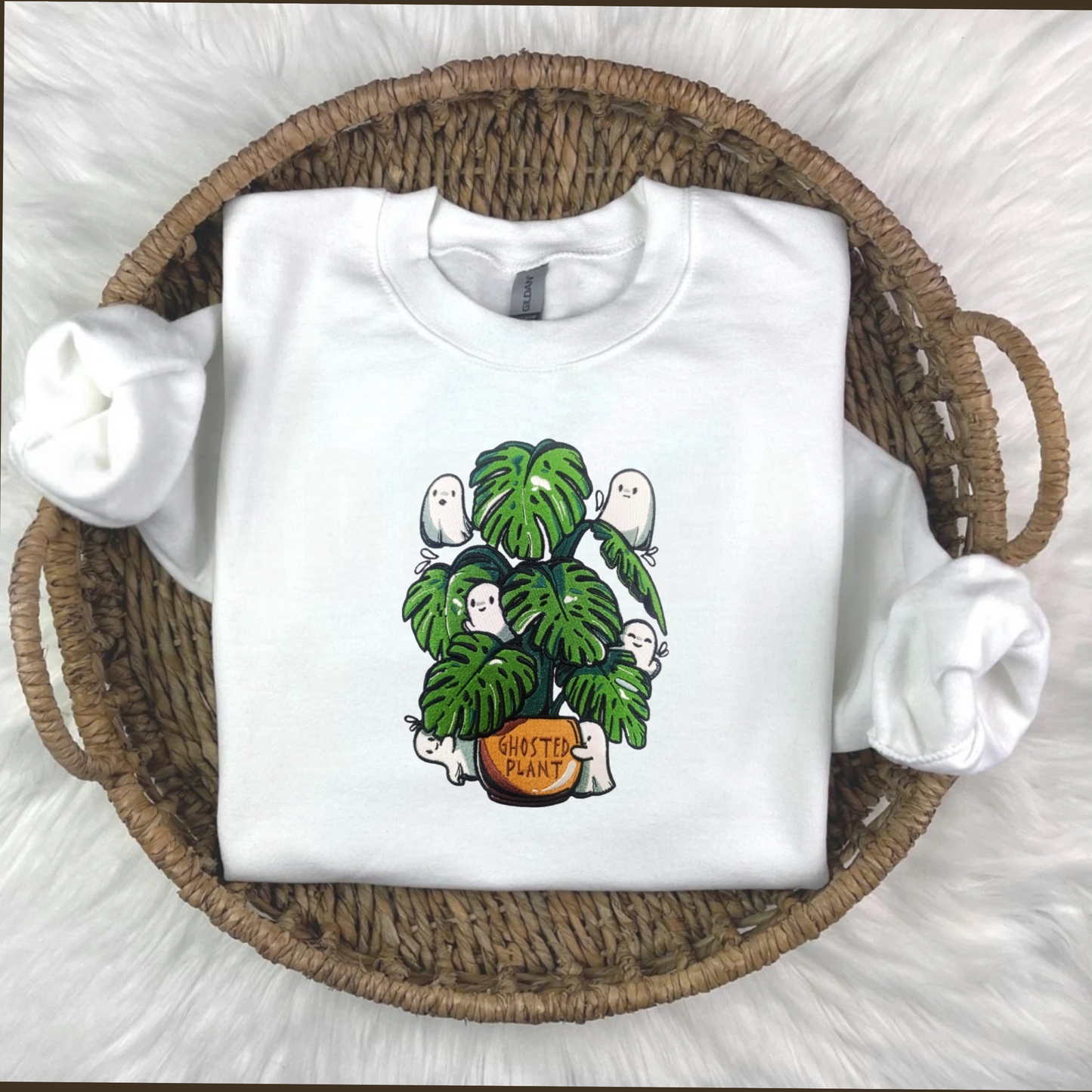 White Embroidered Crewneck with Ghosts and Plants