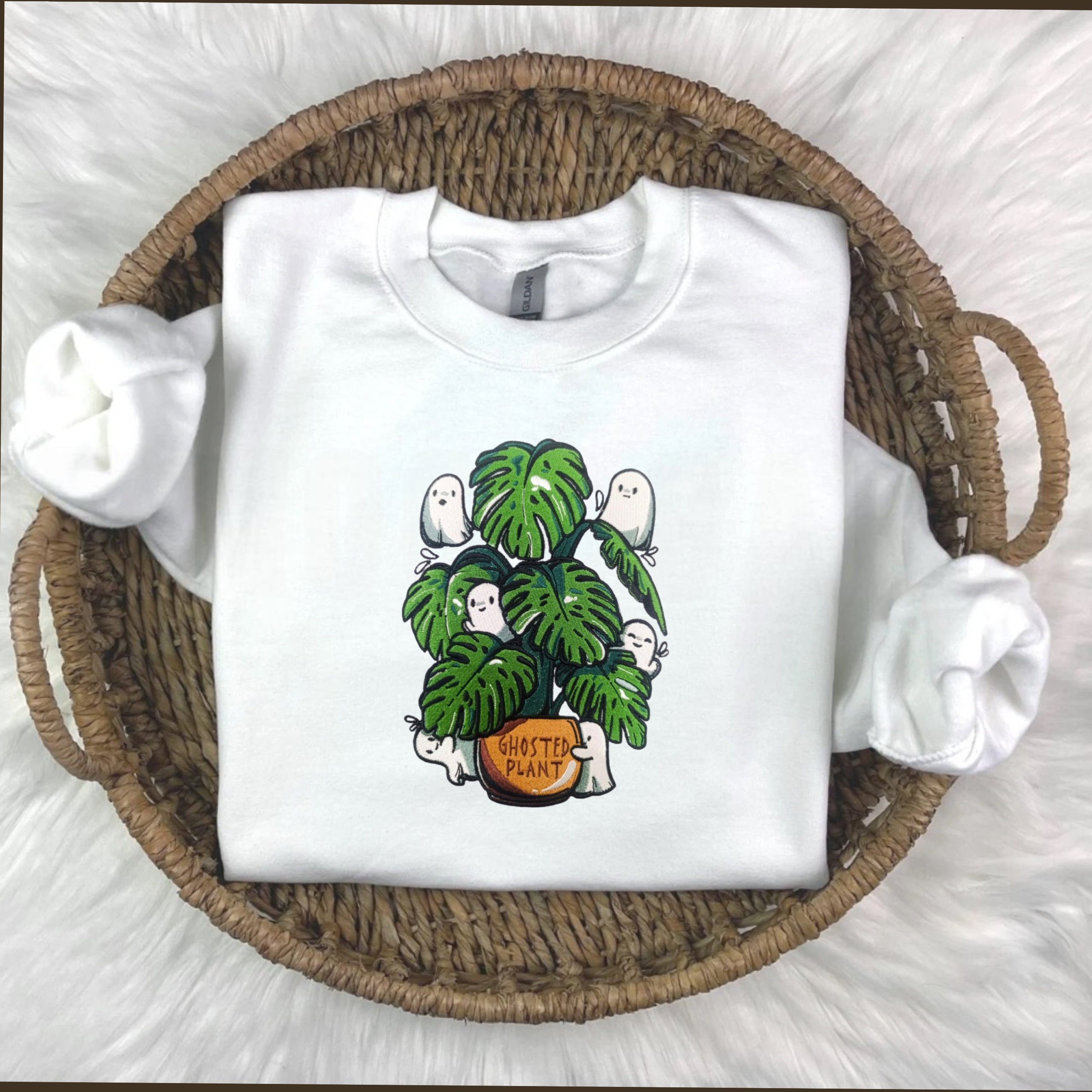 White Embroidered Crewneck with Ghosts and Plants