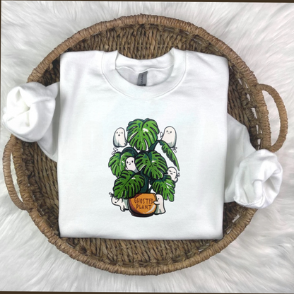 White Embroidered Crewneck with Ghosts and Plants