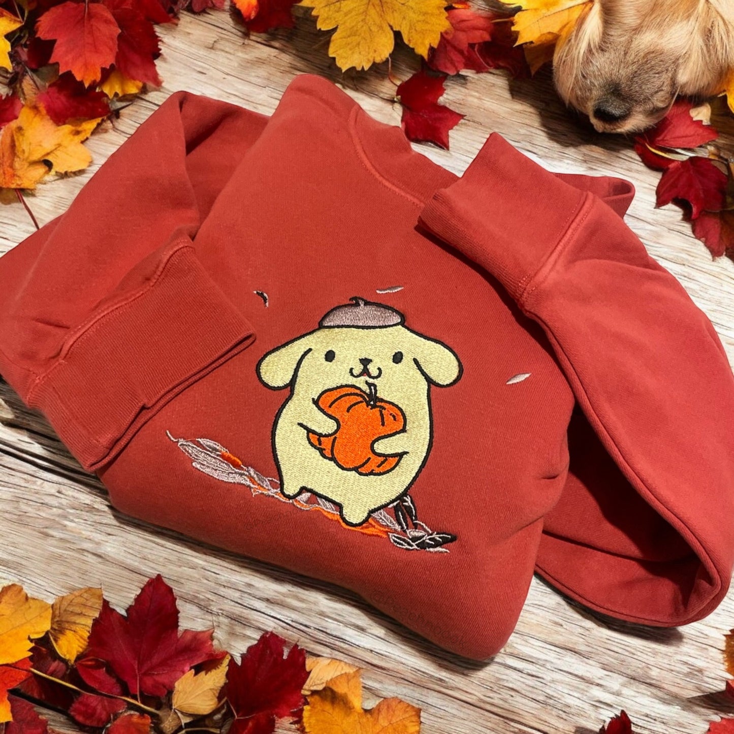 An orange sweatshirt with PomPom character embroidered on the front, placed on a wooden surface surrounded by autumn leaves.