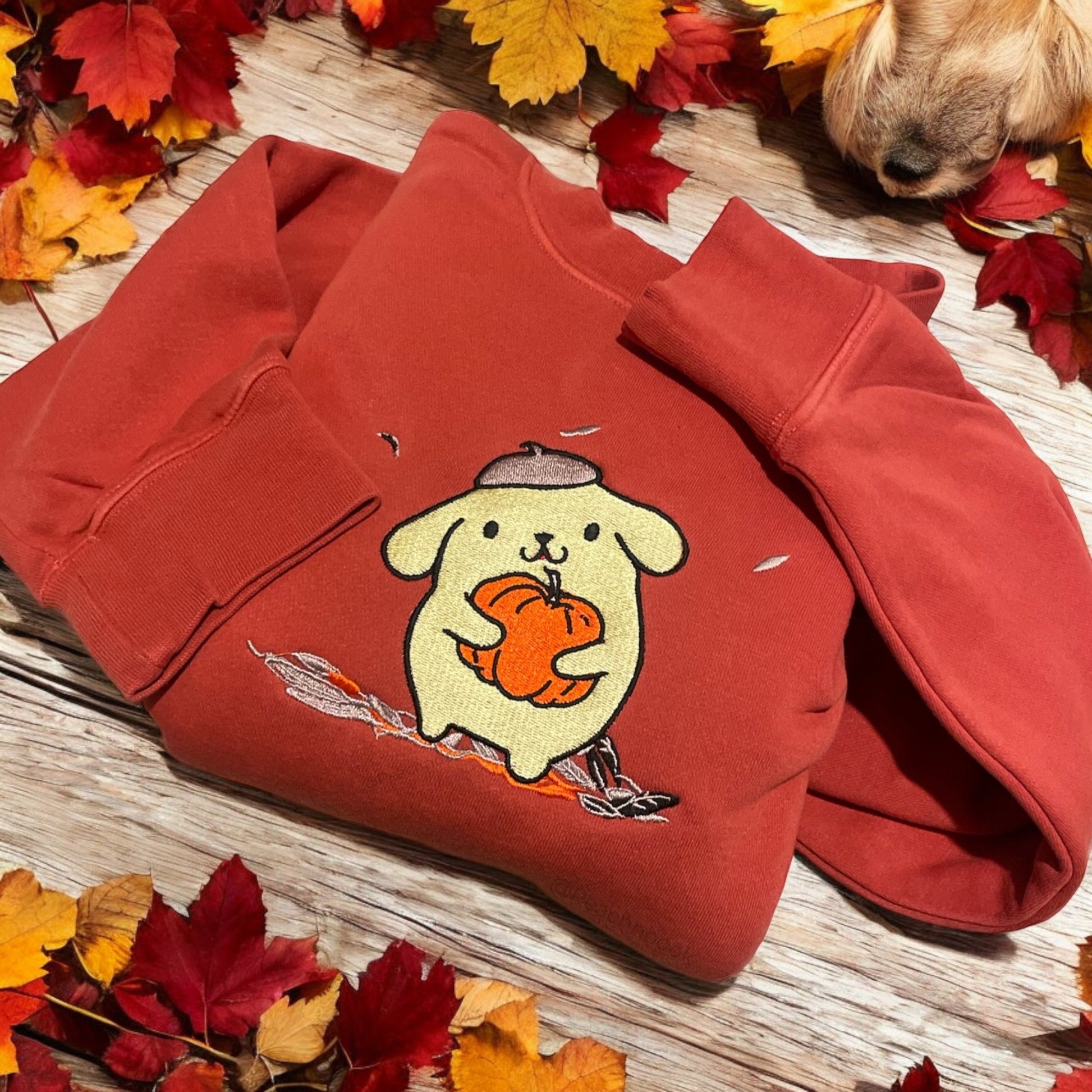 An orange sweatshirt with PomPom character embroidered on the front, placed on a wooden surface surrounded by autumn leaves.