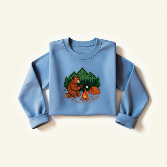 Camping Bear with a Campfire Embroidered Crew Neck Sweatshirt