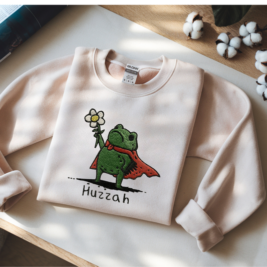 Huzzah Frog Embroidered Sweatshirt – Cottagecore Cozy Frog Lover Gift