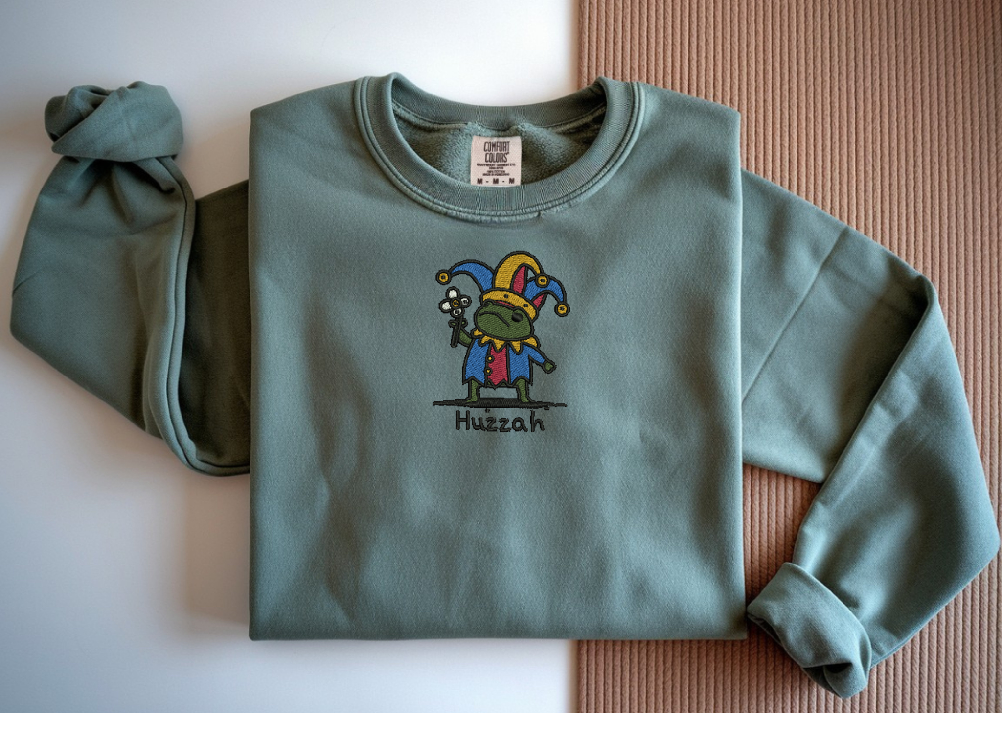 Embroidered "Huzzah" Jester Frog Crewneck