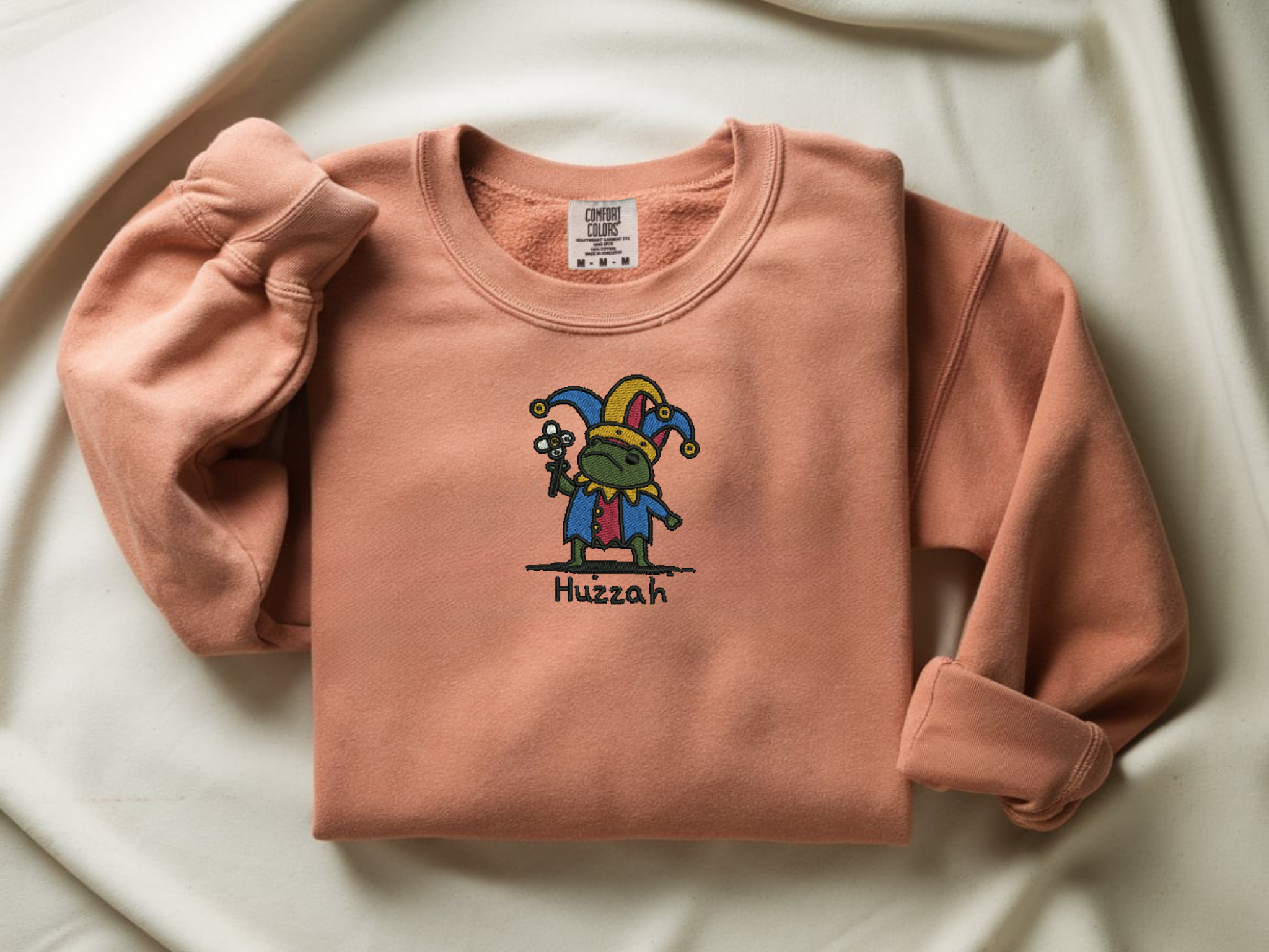 Embroidered "Huzzah" Jester Frog Crewneck