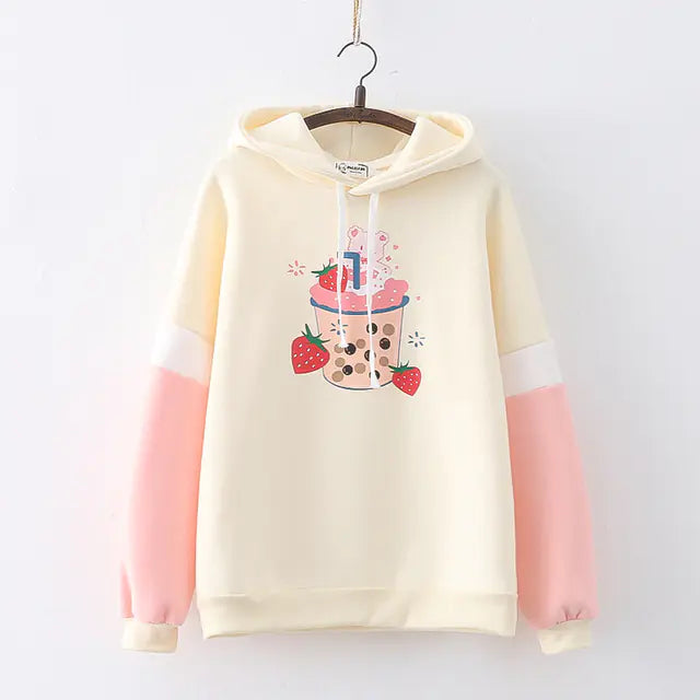 Kawaii Strawberry Boba Bear Hoodie for Women - Cute Anime Pullover