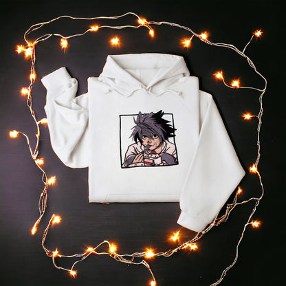 L Death Note Eating Cake on White Embroidered Sweatshirt