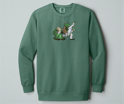 Light Green White Comfort Colors 1566 sweatshirt featuring detailed embroidery of Frog and Toad with a kite. Vintage bookish aesthetic crewneck.