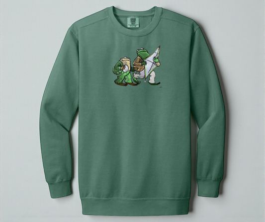 Light Green White Comfort Colors 1566 sweatshirt featuring detailed embroidery of Frog and Toad with a kite. Vintage bookish aesthetic crewneck.