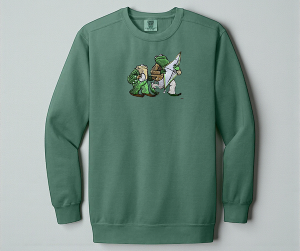 Light Green White Comfort Colors 1566 sweatshirt featuring detailed embroidery of Frog and Toad with a kite. Vintage bookish aesthetic crewneck.