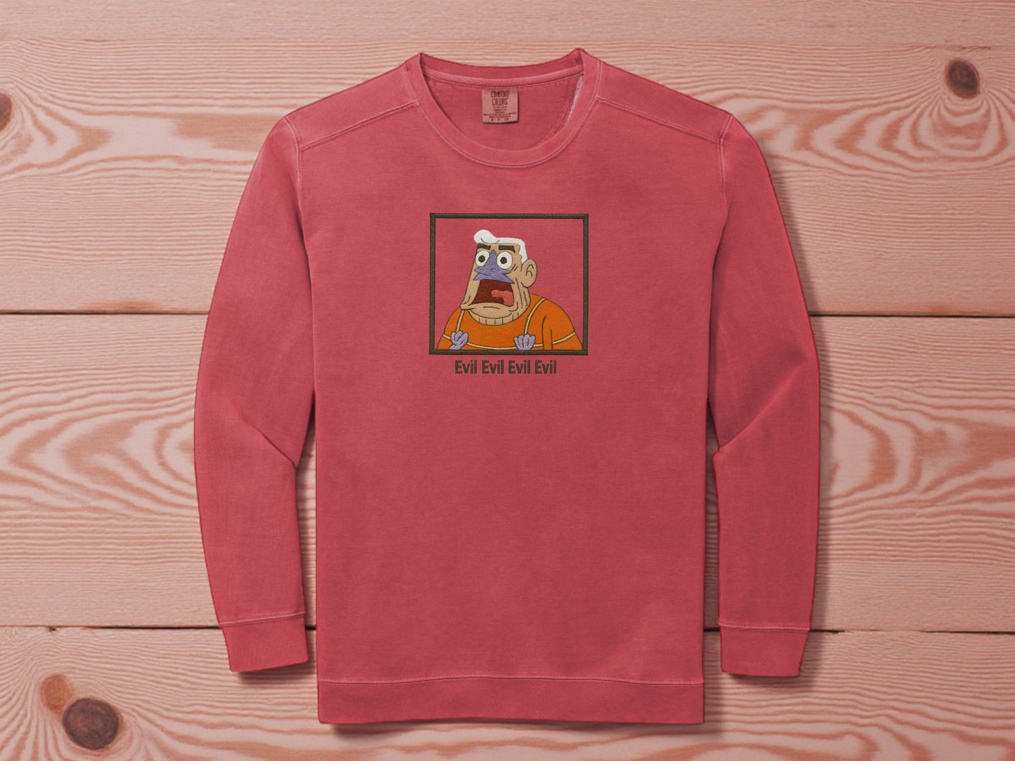 Mermaid Man Evil quote embroidered Watermelon sweatshirt on Comfort Colors crewneck. Funny SpongeBob nostalgia merch featuring Mermaid Man shouting.