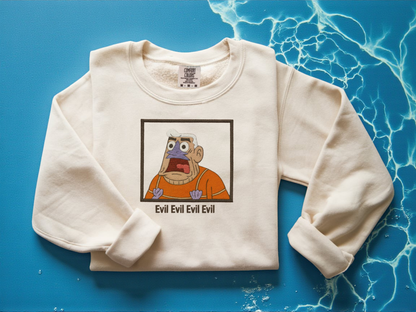 Mermaid Man Evil quote embroidered White sweatshirt on Comfort Colors crewneck. Funny Sponge nostalgia merch featuring Mermaid Man shouting.