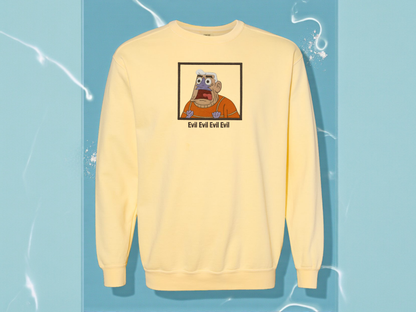Mermaid Man Evil quote embroidered yellow sweatshirt on Comfort Colors crewneck. Funny SpongeBob nostalgia merch featuring Mermaid Man shouting.