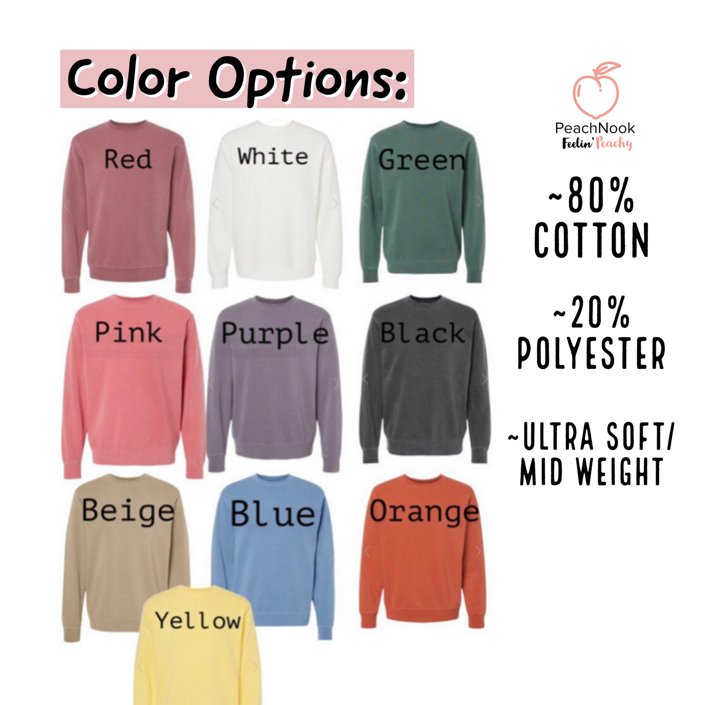 Size Chart with different colored sweaters