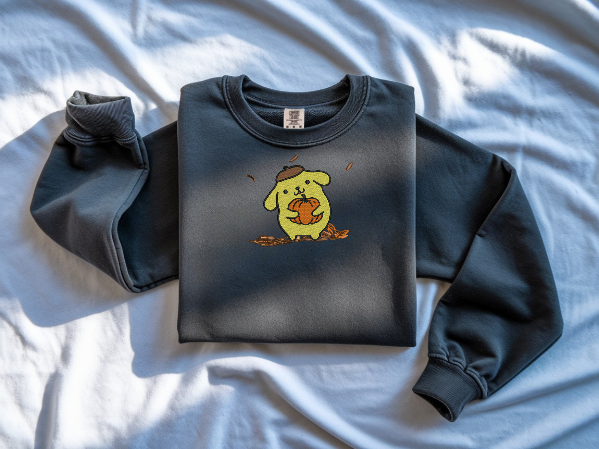 Pompompurin Pumpkin Embroidered Sweatshirt | Comfort Colors® 1566 | Kawaii Fall Crew
