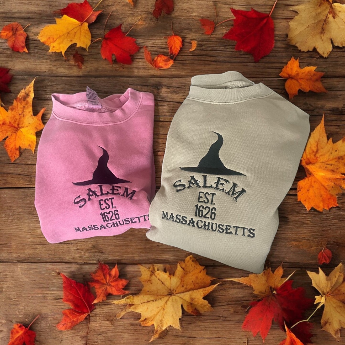 Salem Witch Embroidered Sweatshirt – Cozy Halloween sweatshirt with detailed witch embroidery, perfect for spooky autumn fashion.