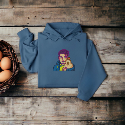 Embroidered Blue hoodie featuring Shane and his chicken from Stardew Valley, designed for cozy comfort and perfect for fans of the game.