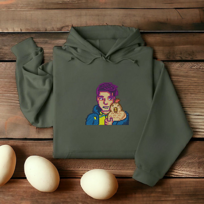 Embroidered Green hoodie featuring Shane and his chicken from Stardew Valley, designed for cozy comfort and perfect for fans of the game.