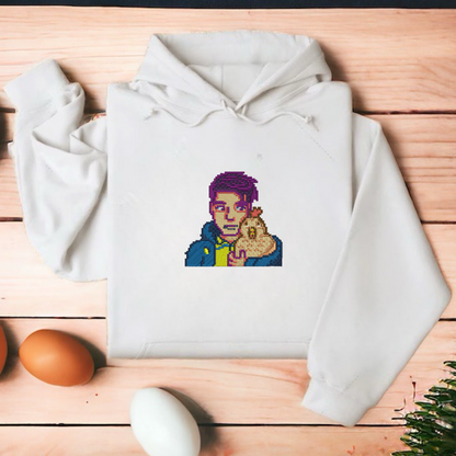 Embroidered White hoodie featuring Shane and his chicken from Stardew Valley, designed for cozy comfort and perfect for fans of the game.