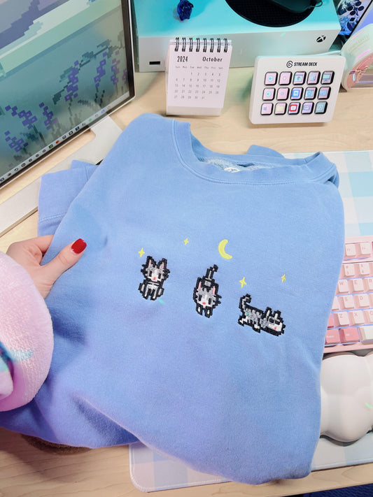 Stardew Valley Cats Comfort Colors Blue Embroidered Sweatshirt