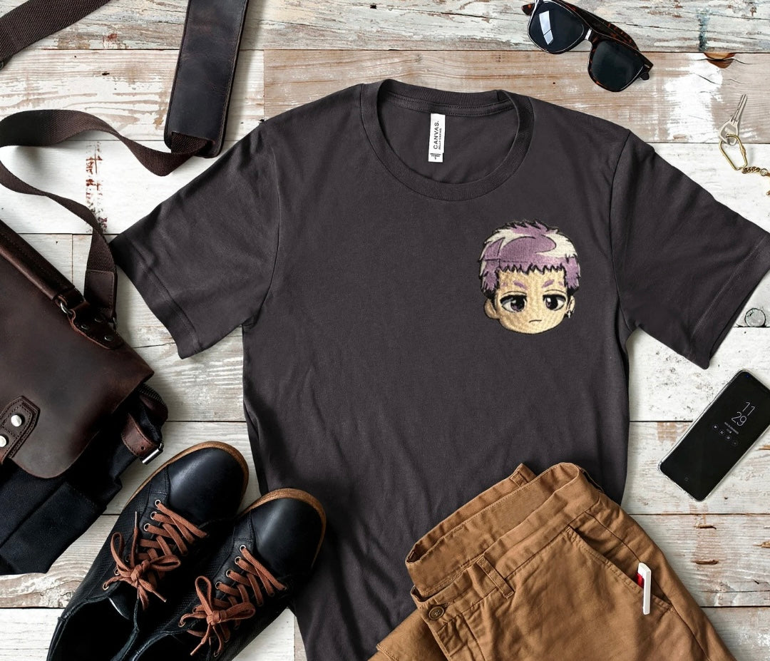 Black T-shirt featuring an embroidered design of Takashi Mitsuya from Tokyo Revengers.